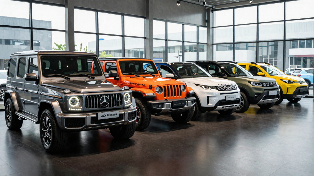 Linha de cinco SUVs de várias marcas, estacionados dentro de uma sala com grandes janelas.