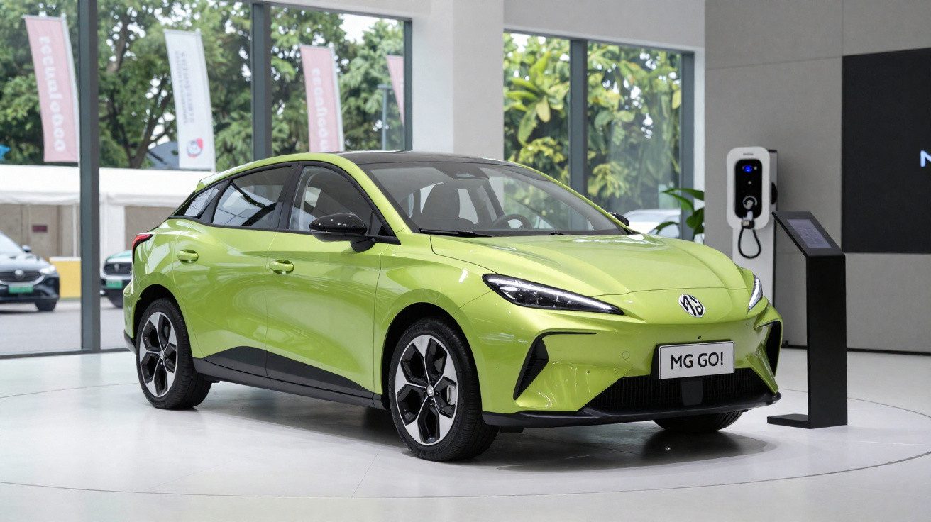 Carro elétrico MG GO! verde exposto numa sala moderna com estação de carregamento à direita.
