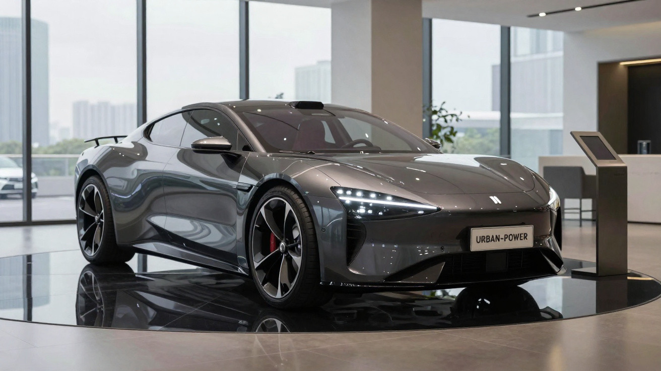 Carro desportivo elétrico cinzento exposto numa sala moderna com janela ampla e piso reflexivo.