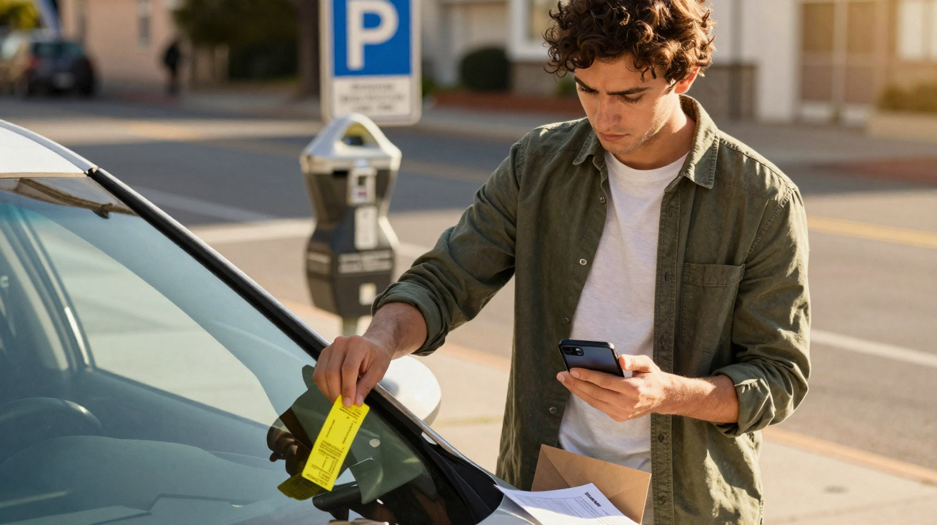 Homem a colocar um aviso de multa de estacionamento no para-brisas do carro numa rua da cidade.
