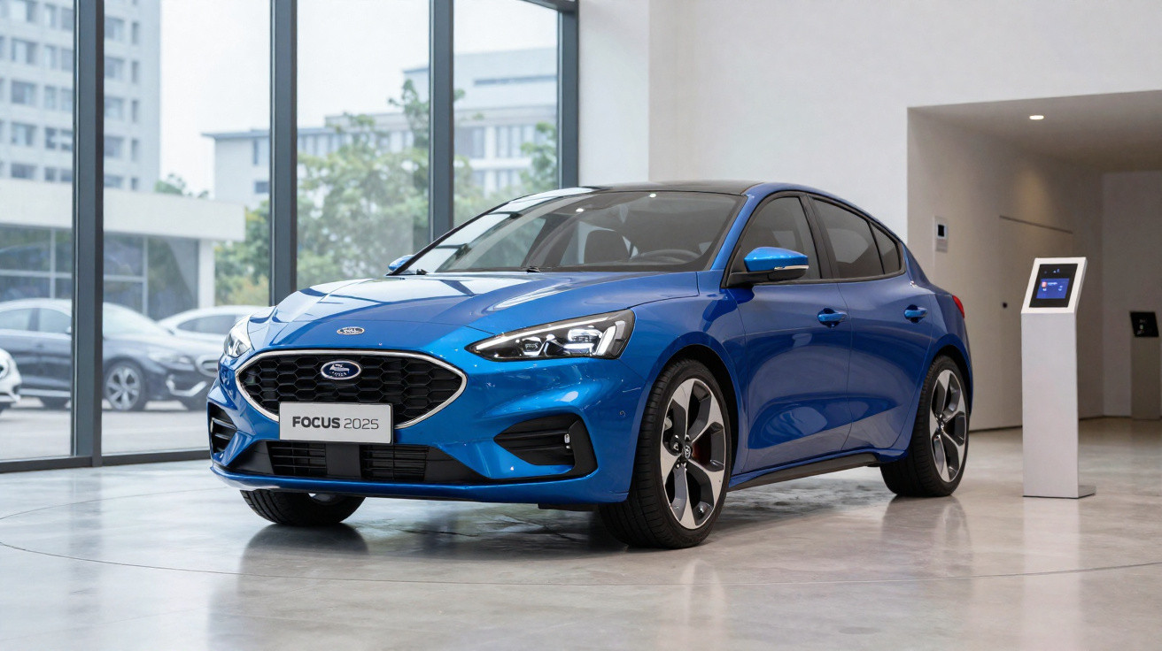 Carro azul Ford Focus 2025 estacionado num piso interior moderno com janelas grandes.
