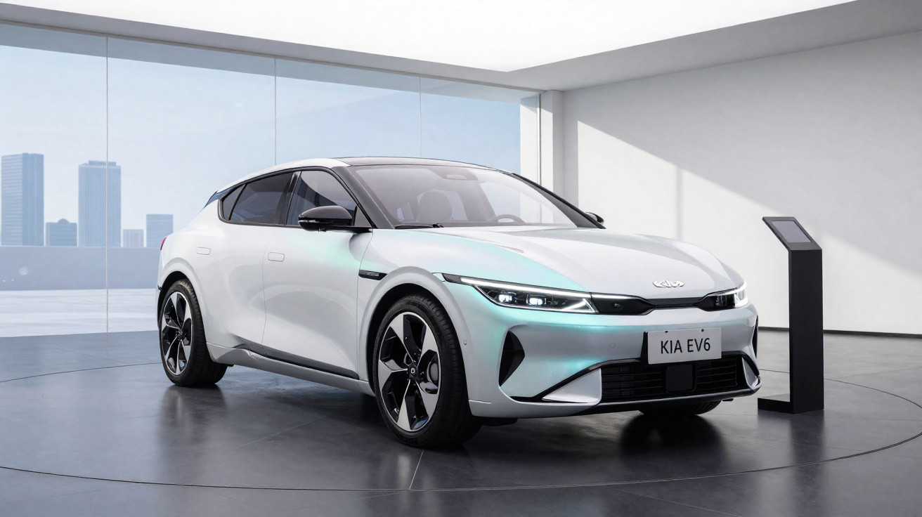 Carro elétrico branco Kia EV6 apresentado num salão moderno com janelas de vidro panorâmicas.