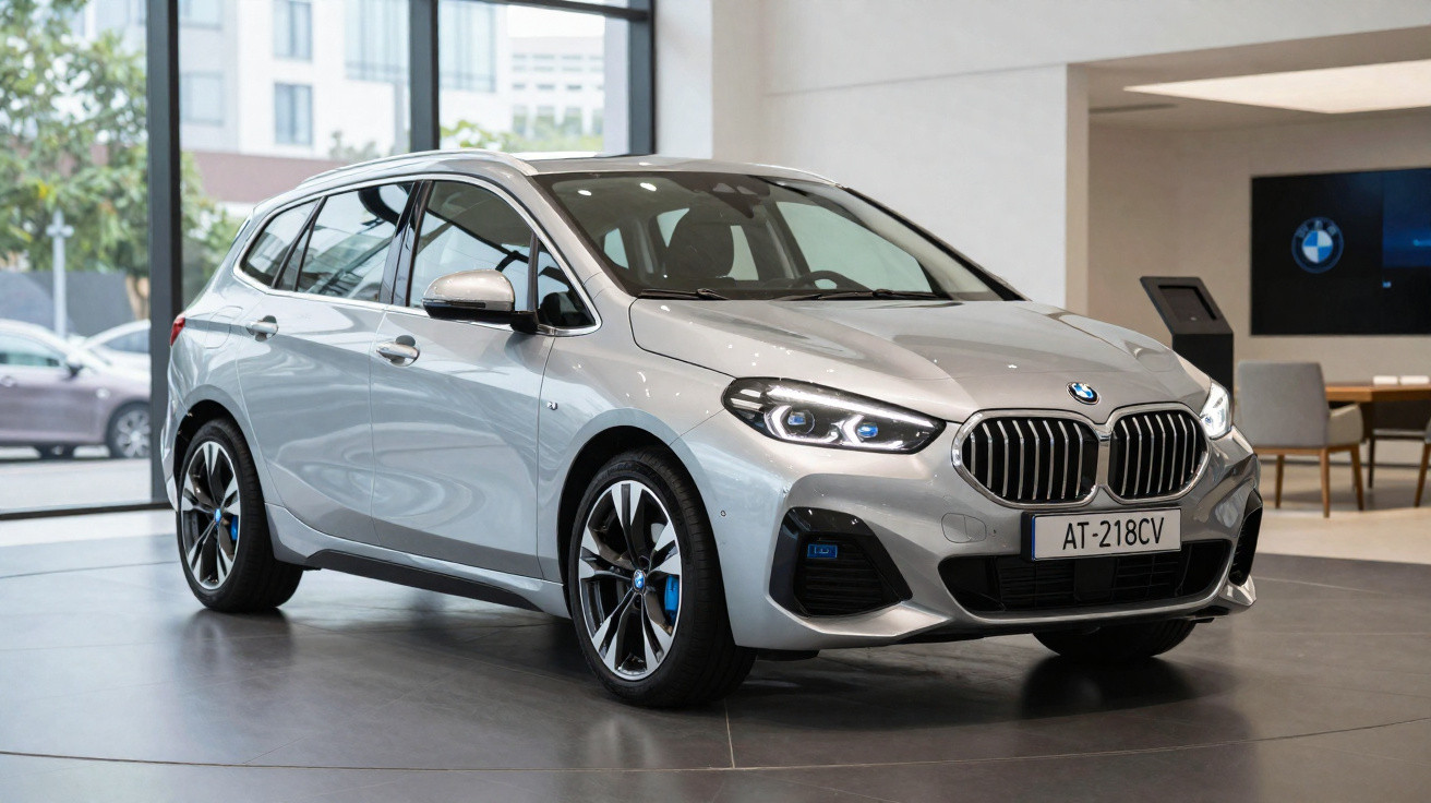 Carro BMW prata estacionado em showroom moderno com grandes janelas e decoração minimalista.