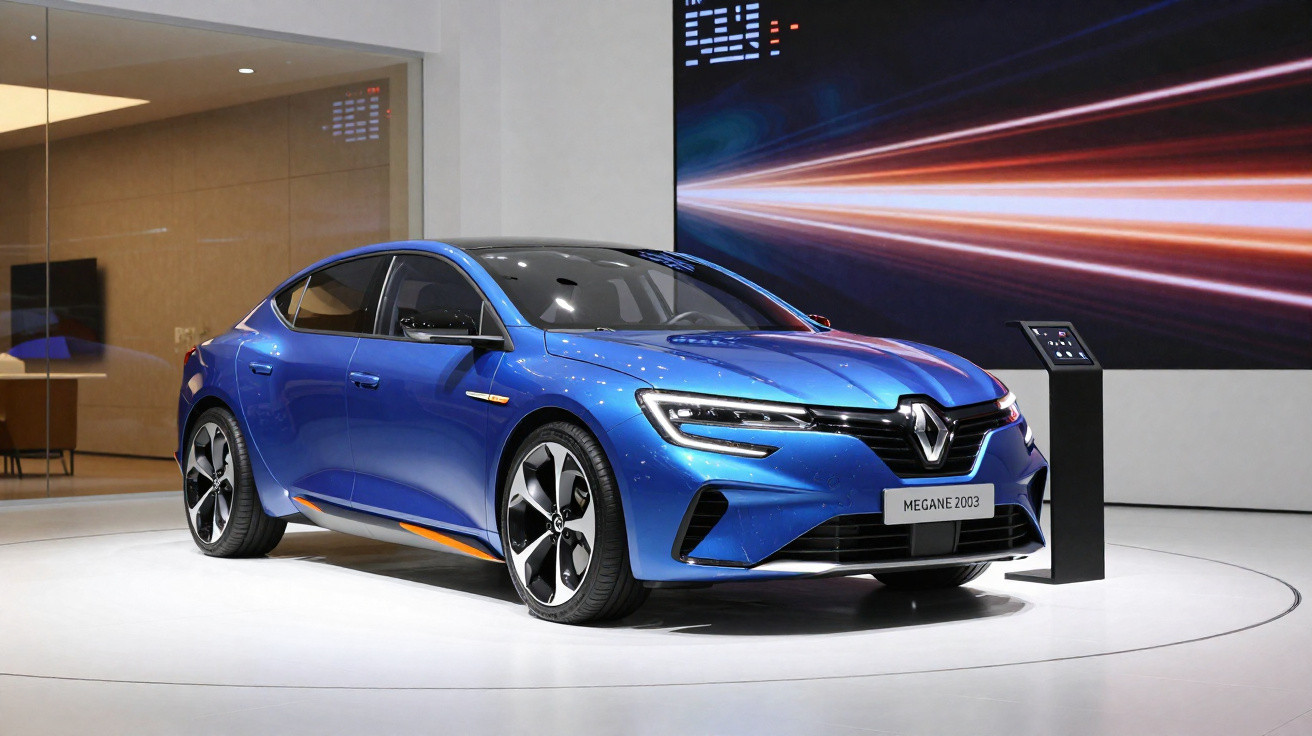 Carro azul Renault Megane E-Tech 100% elétrico exposto numa área moderna de showroom.