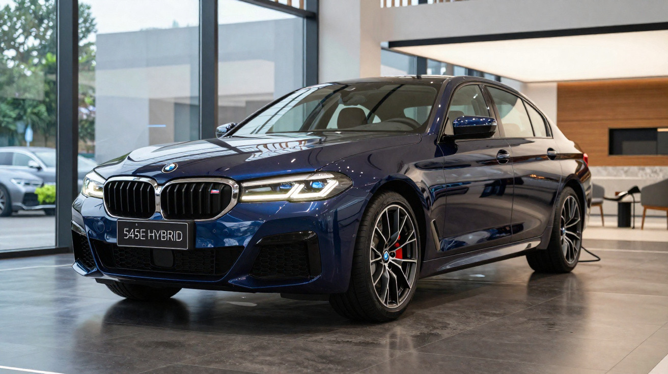 Carro BMW 545e Hybrid azul escuro novo em exposição num showroom moderno.
