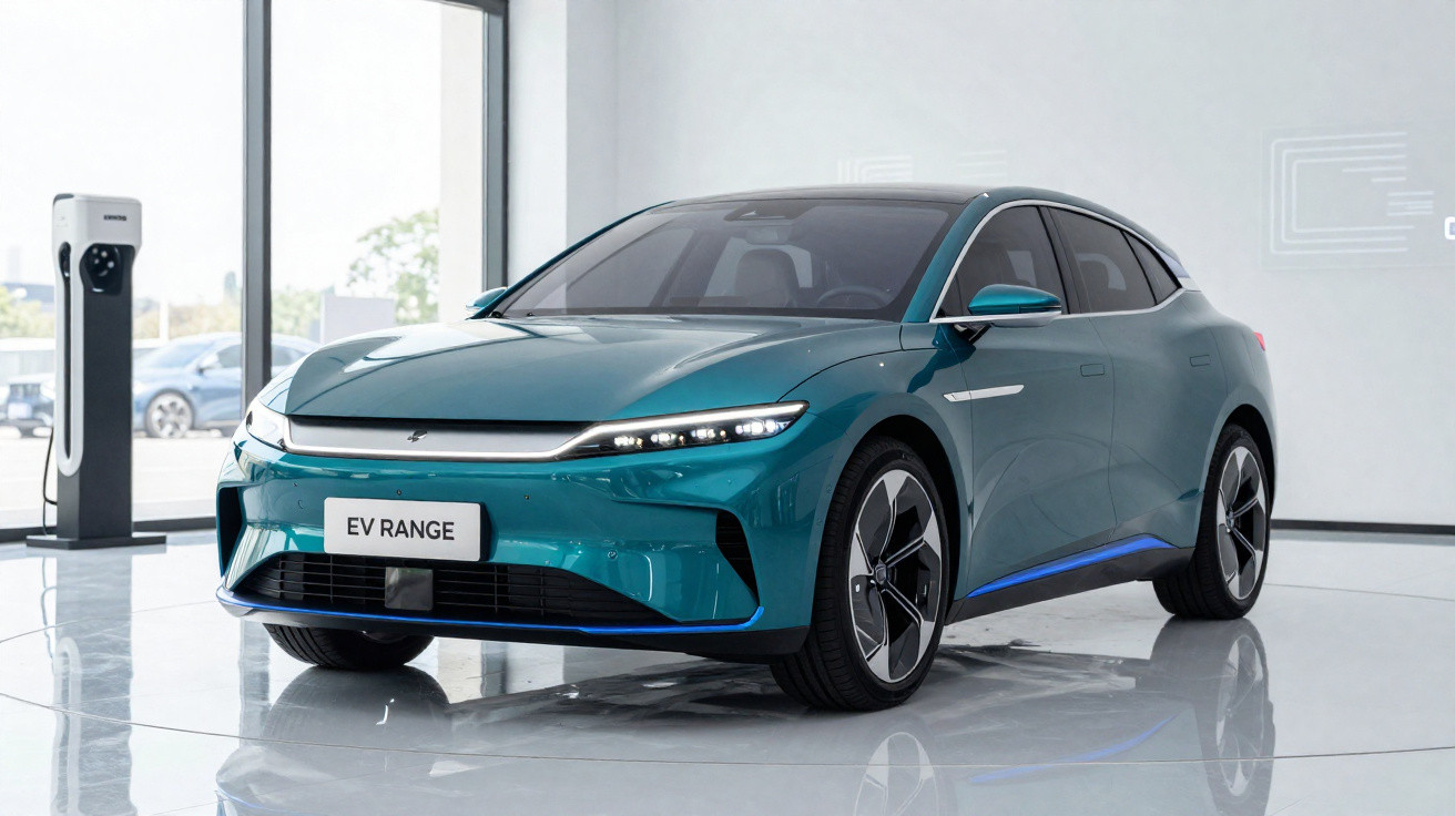 Carro elétrico azul moderno estacionado em showroom com estação de carregamento elétrica ao fundo.