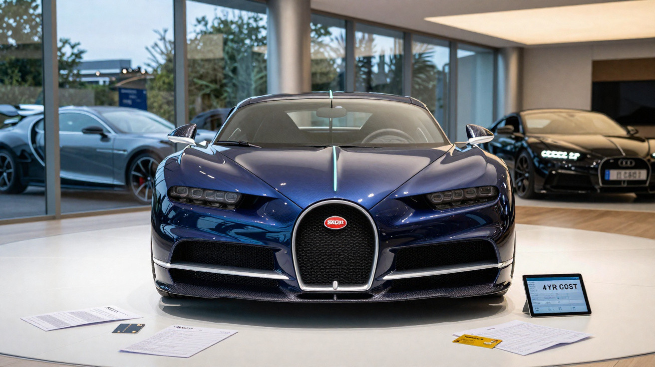 Bugatti Chiron azul exposto num salão automóvel com carros de luxo ao fundo.