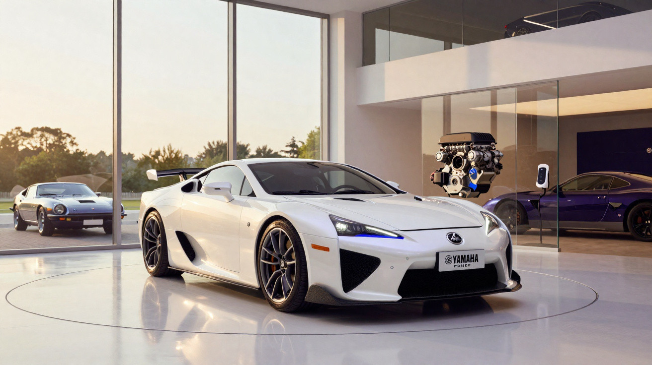 Carro desportivo branco com design moderno exposto em showroom com parede de vidro e carro clássico ao fundo.