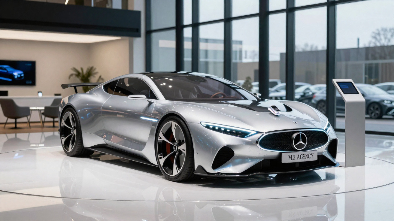 Carro desportivo prata Mercedes-Benz exibido numa exposição moderna com grandes janelas de vidro.