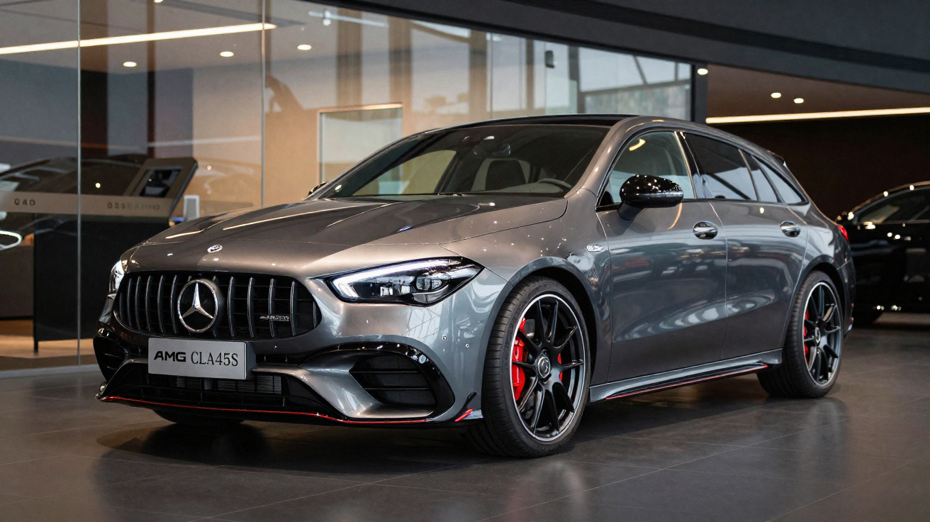 Carro Mercedes-Benz AMG CLA45S cinza metálico, estilo station wagon, em salão automóvel moderno.