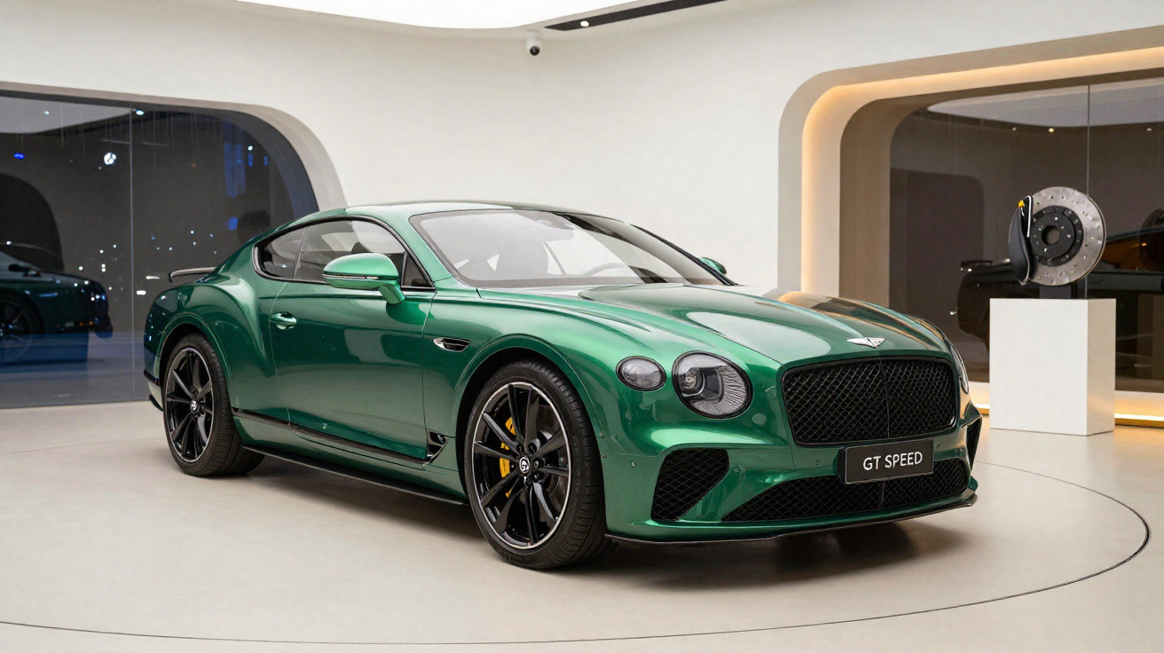 Carro desportivo Bentley GT Speed verde exibido em sala moderna com luzes embutidas e objeto de arte ao fundo.