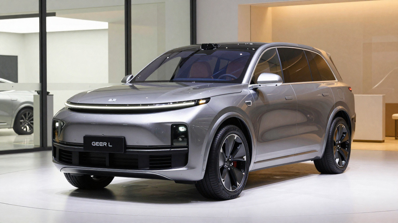 Carro elétrico cinza GEER L estacionado em espaço interior moderno com grandes janelas.