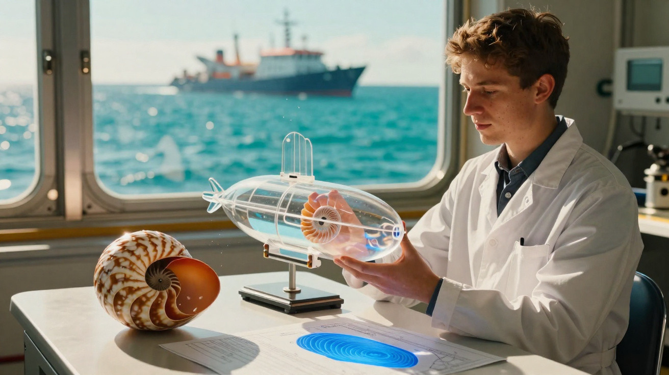 Jovem cientista a analisar modelo transparente de submarino inspirado numa concha marinha, com barco ao fundo.
