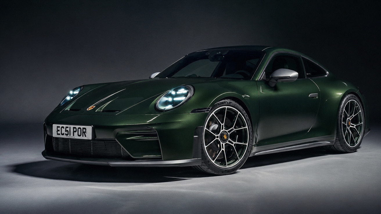 Desportivo Porsche 911 verde escuro com faróis ligados em estúdio com fundo cinza escuro.