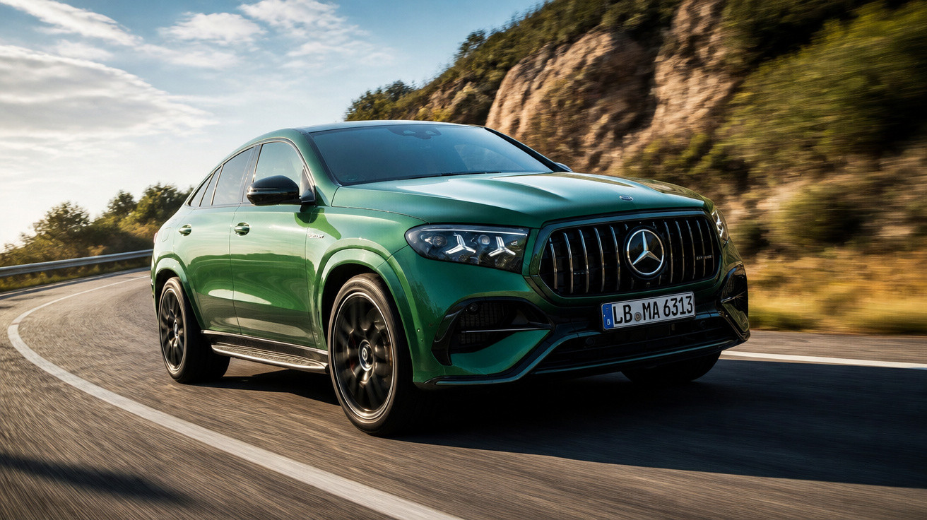 Carro Mercedes-Benz AMG verde a conduzir numa estrada sinuosa junto a colinas ensolaradas.