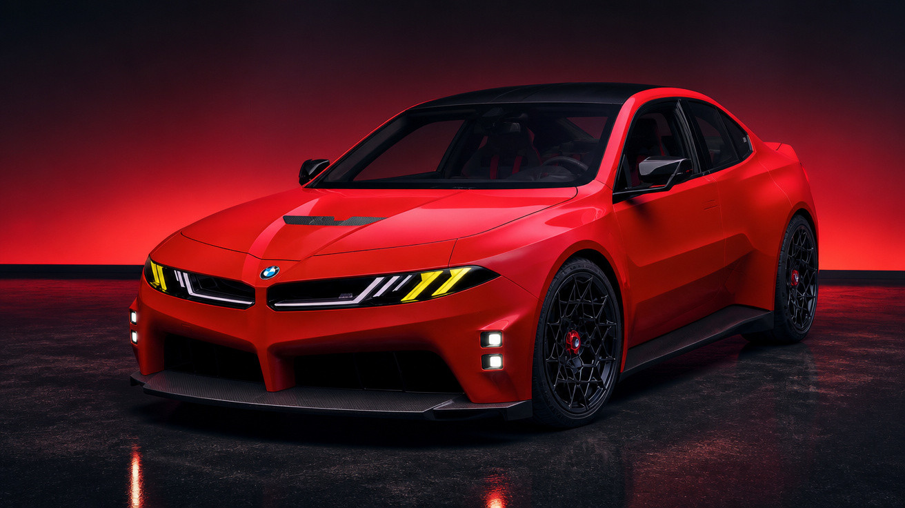 Carro desportivo BMW vermelho com faróis amarelos e design futurista, em fundo iluminado a vermelho.
