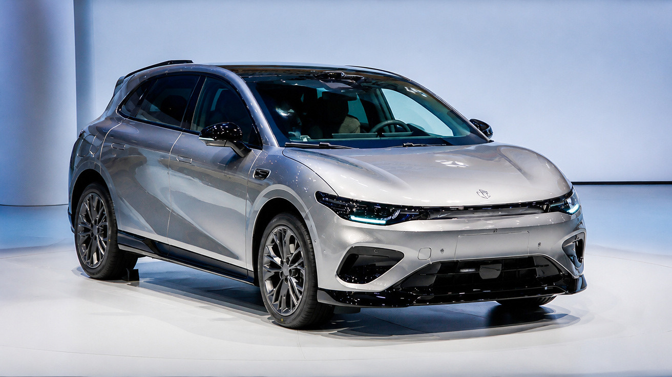 Carro elétrico cinza prateado exposto em ambiente moderno com iluminação neutra e piso branco.