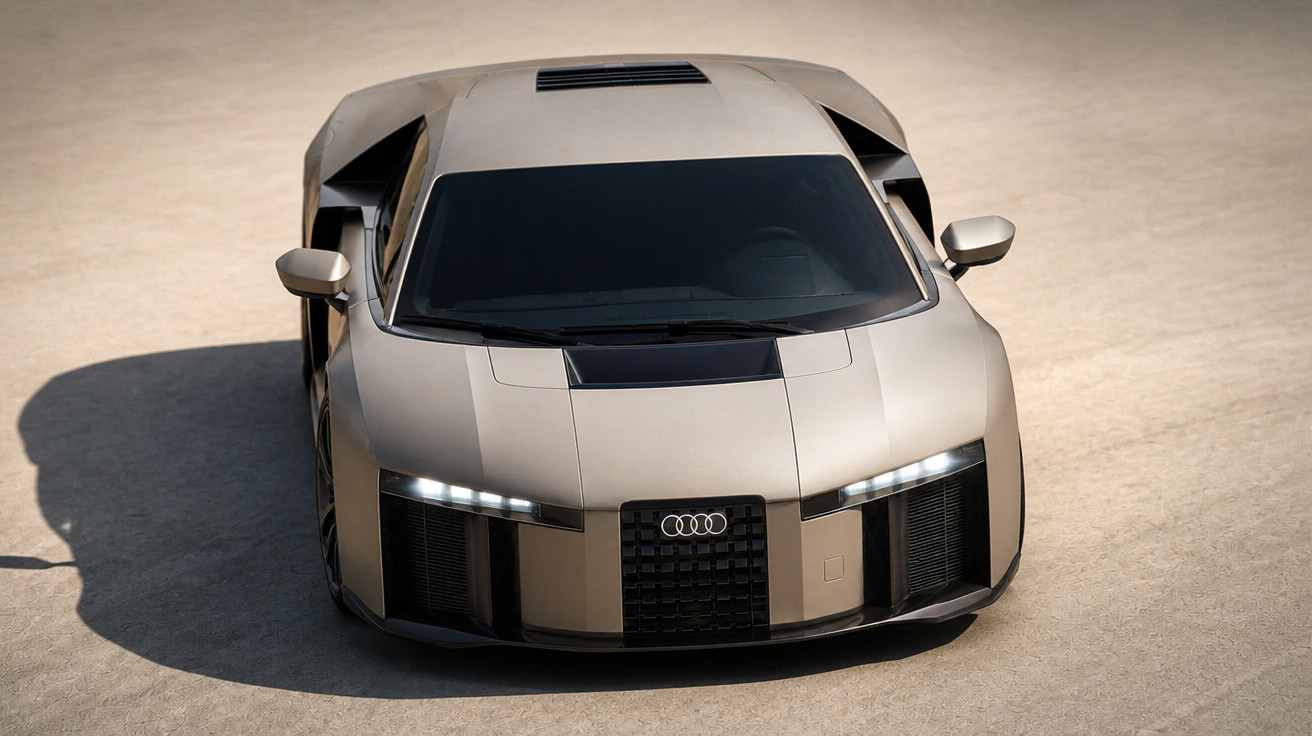 Carro desportivo Audi futurista de cor cinza visto de frente com faróis LED ligados.