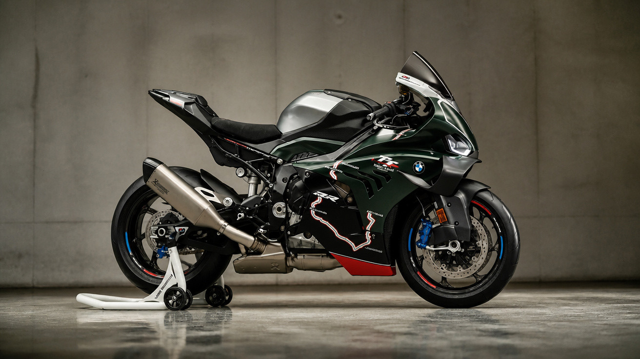 Motociclo desportivo BMW estacionado em suporte, com fundo cinzento liso.