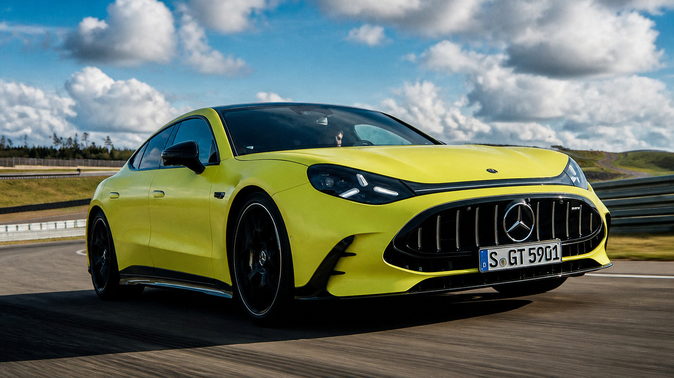 Carro desportivo Mercedes-AMG amarelo a circular numa pista de corrida sob céu com nuvens.