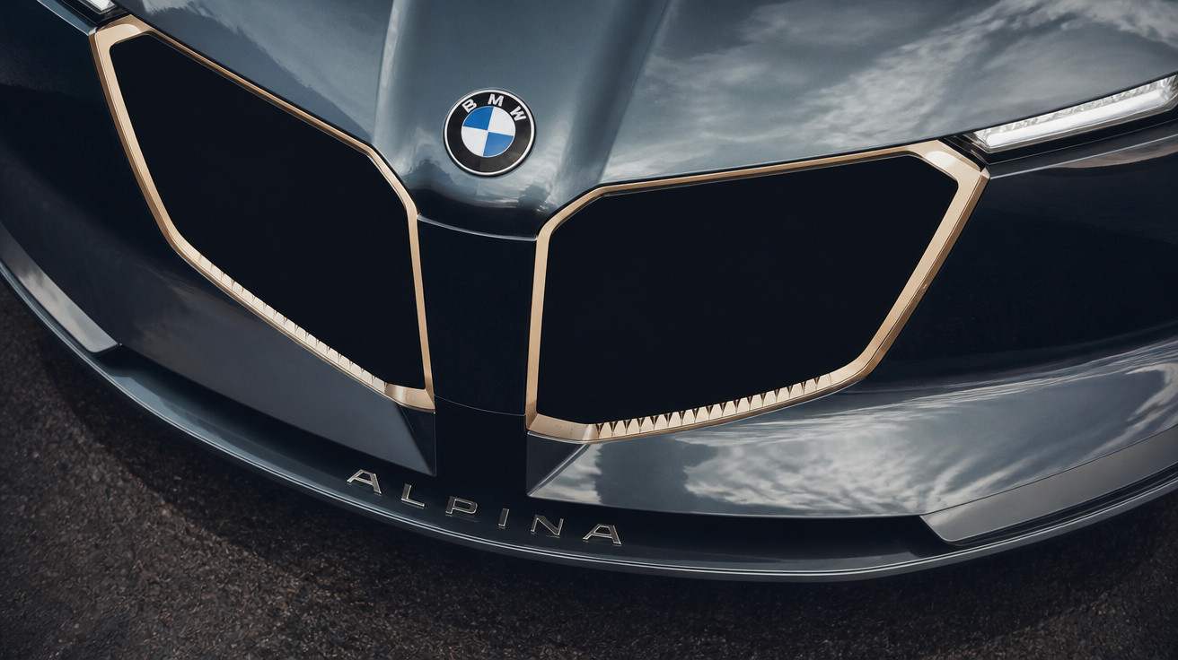 Frente de automóvel cinzento BMW Alpina com grelha em formato clássico e detalhes dourados.