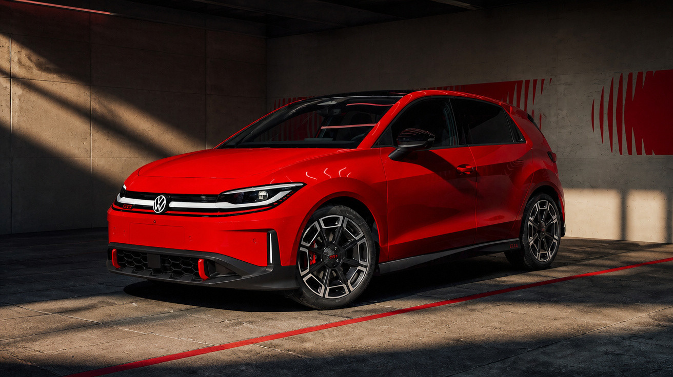 Carro vermelho Volkswagen GTI estacionado em garagem com paredes cinzentas e iluminação natural.
