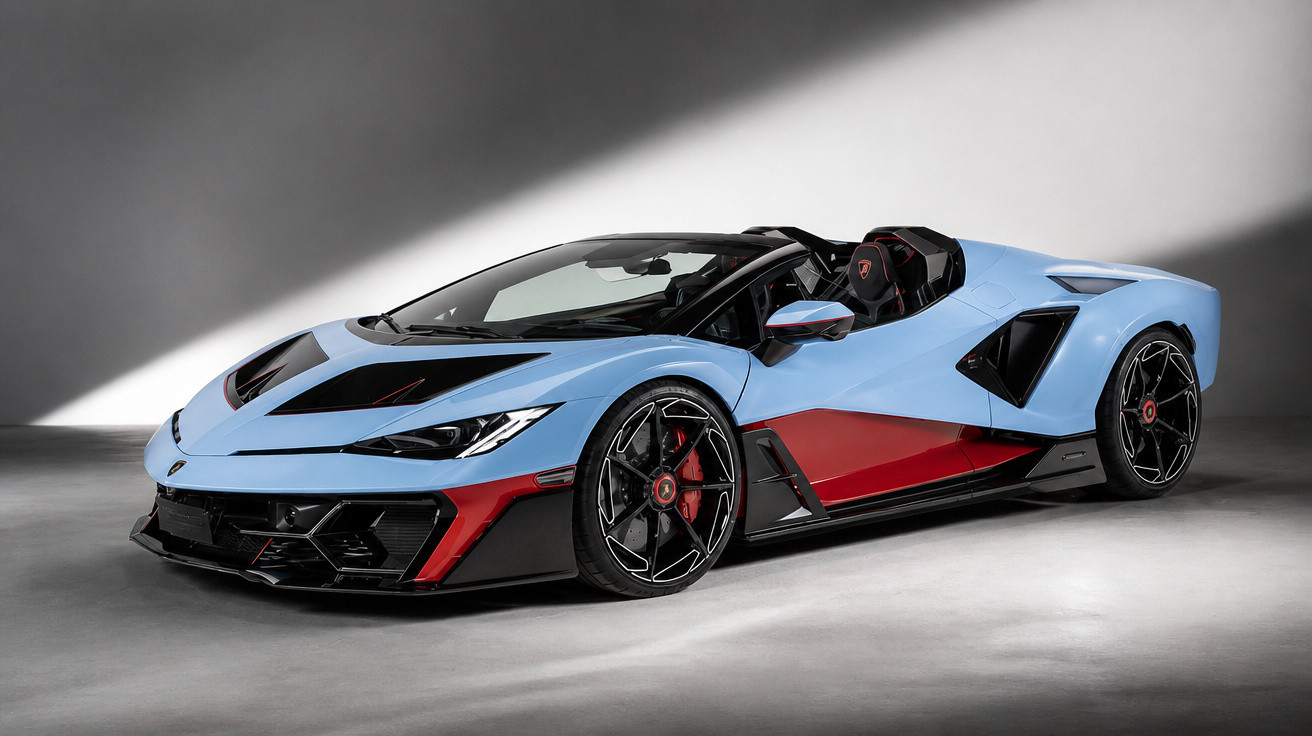 Automóvel desportivo descapotável azul e vermelho com detalhes pretos, em estúdio com fundo cinzento.