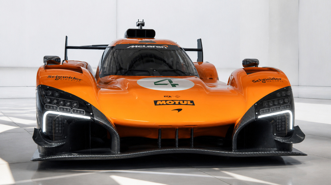 Carro de corrida laranja McLaren com detalhes pretos e faróis LED acesos numa sala branca.
