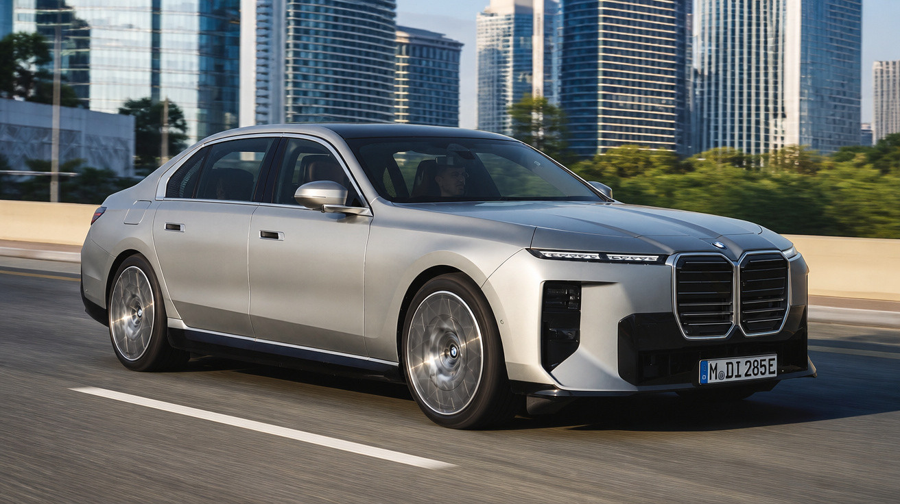Carro BMW cinzento prateado em movimento numa estrada urbana com edifícios altos ao fundo.