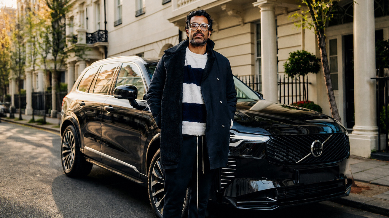 Homem jovem com casaco escuro e óculos em pé junto a um Volvo XC90 preto numa rua urbana.