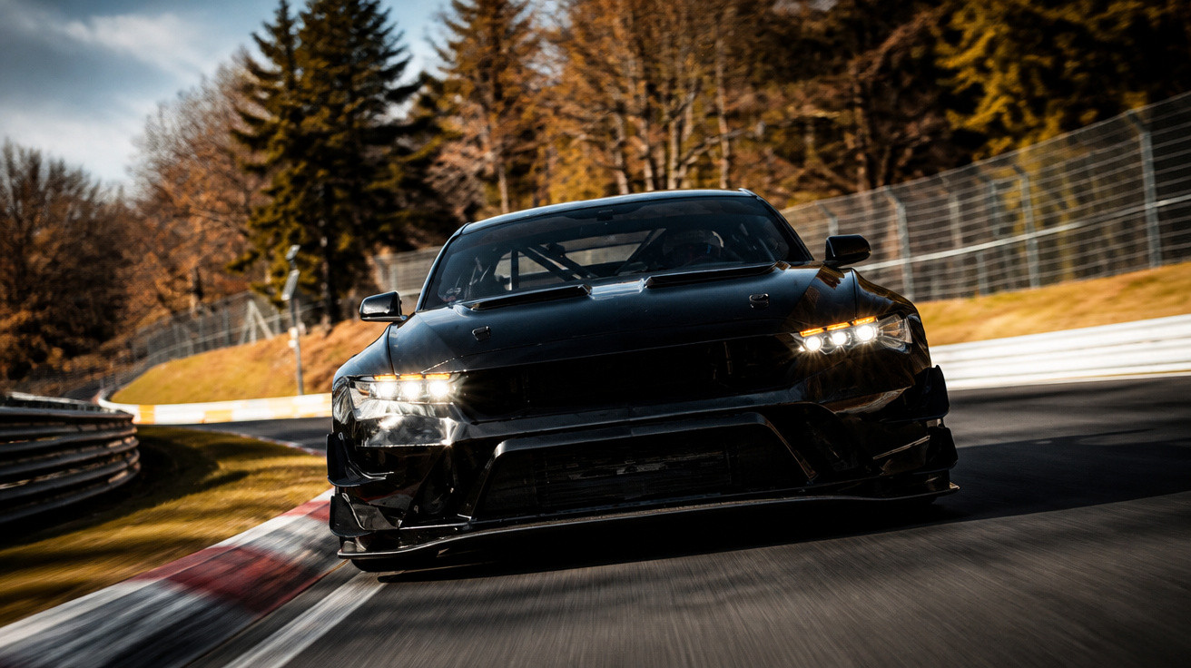 Carro desportivo preto a alta velocidade numa pista de corrida rodeada de árvores de outono.