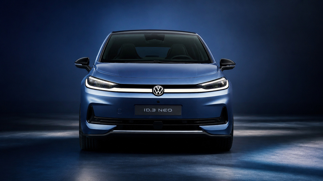 Carro elétrico Volkswagen ID.3 NEO azul visto de frente em fundo escuro.