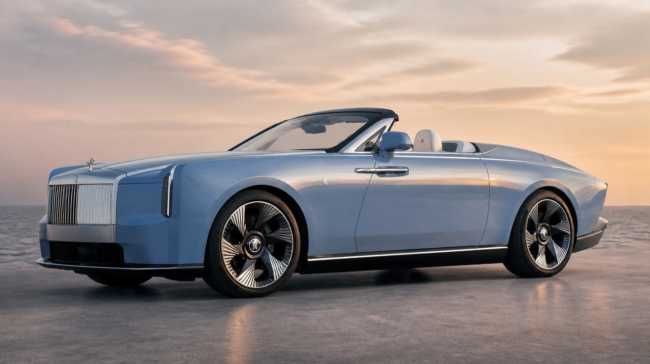 Carro descapotável de luxo azul estacionado junto ao mar ao pôr do sol, estilo clássico e elegante.