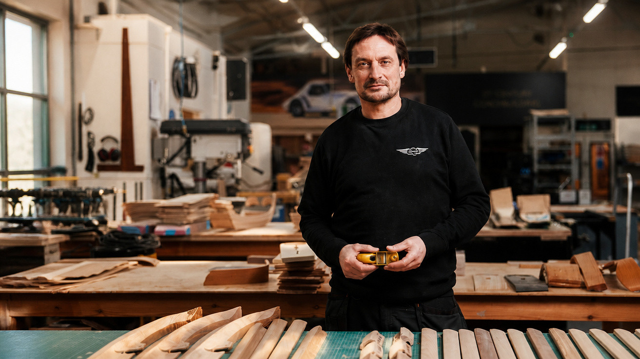Homem a trabalhar em oficina de marcenaria, segurando ferramenta, rodeado de madeira e modelos de barcos.
