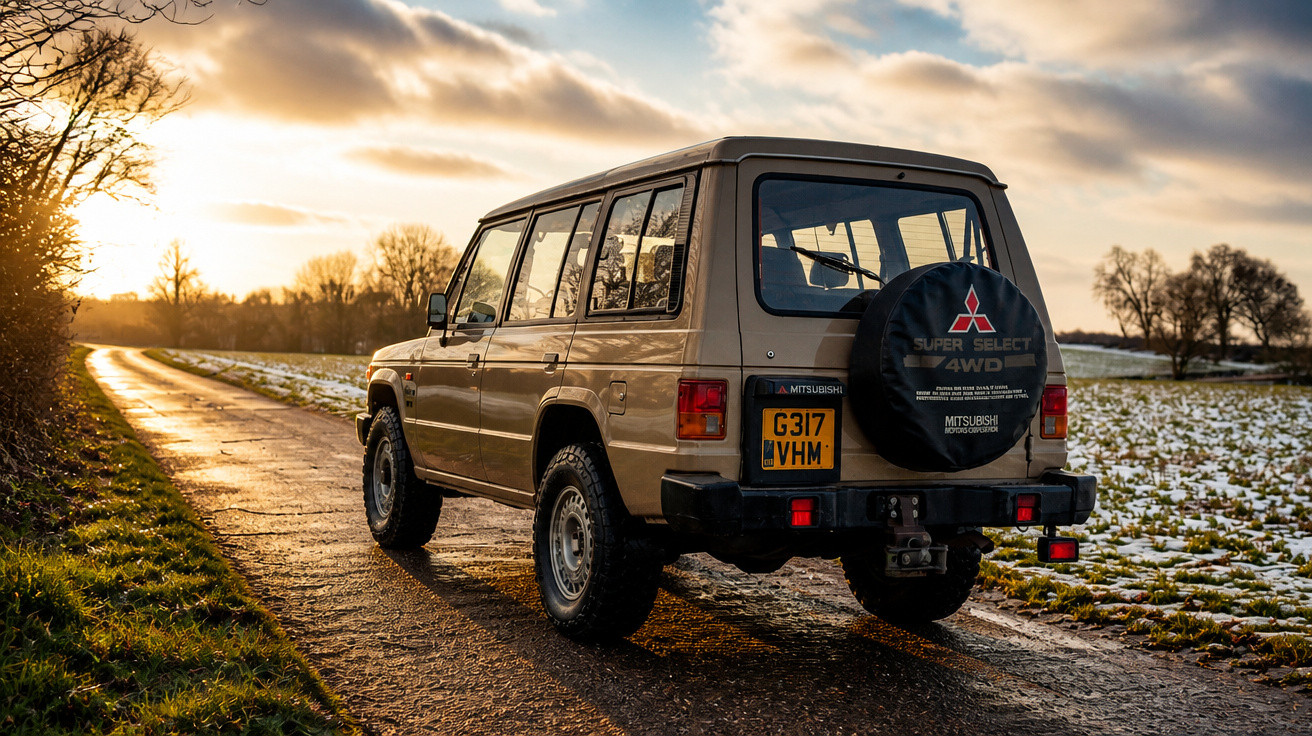 Carro todo-o-terreno Mitsubishi estacionado numa estrada rural ao pôr do sol com neve no campo ao lado.