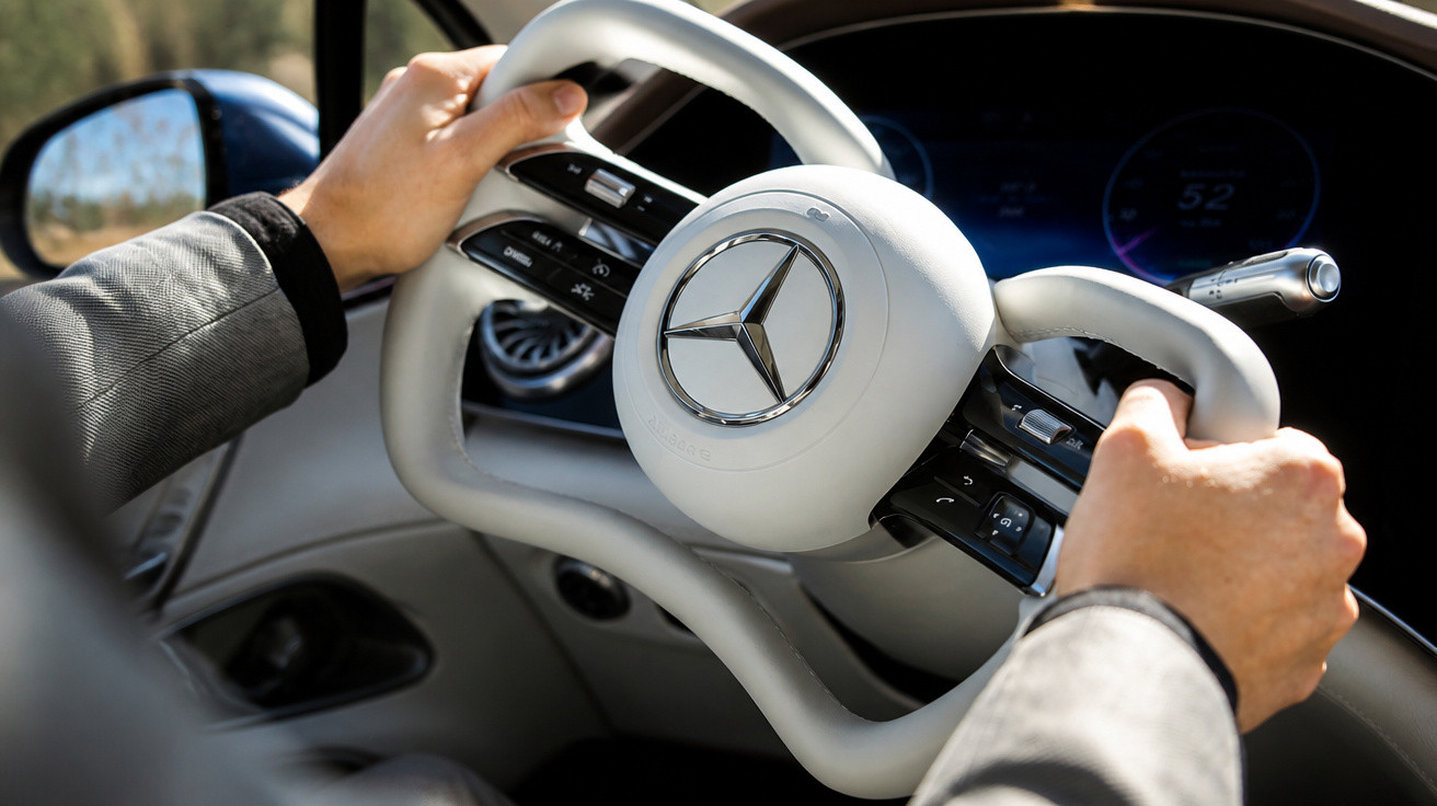 Volante branco da Mercedes-Benz com design futurista e mãos ao volante no interior de um carro.