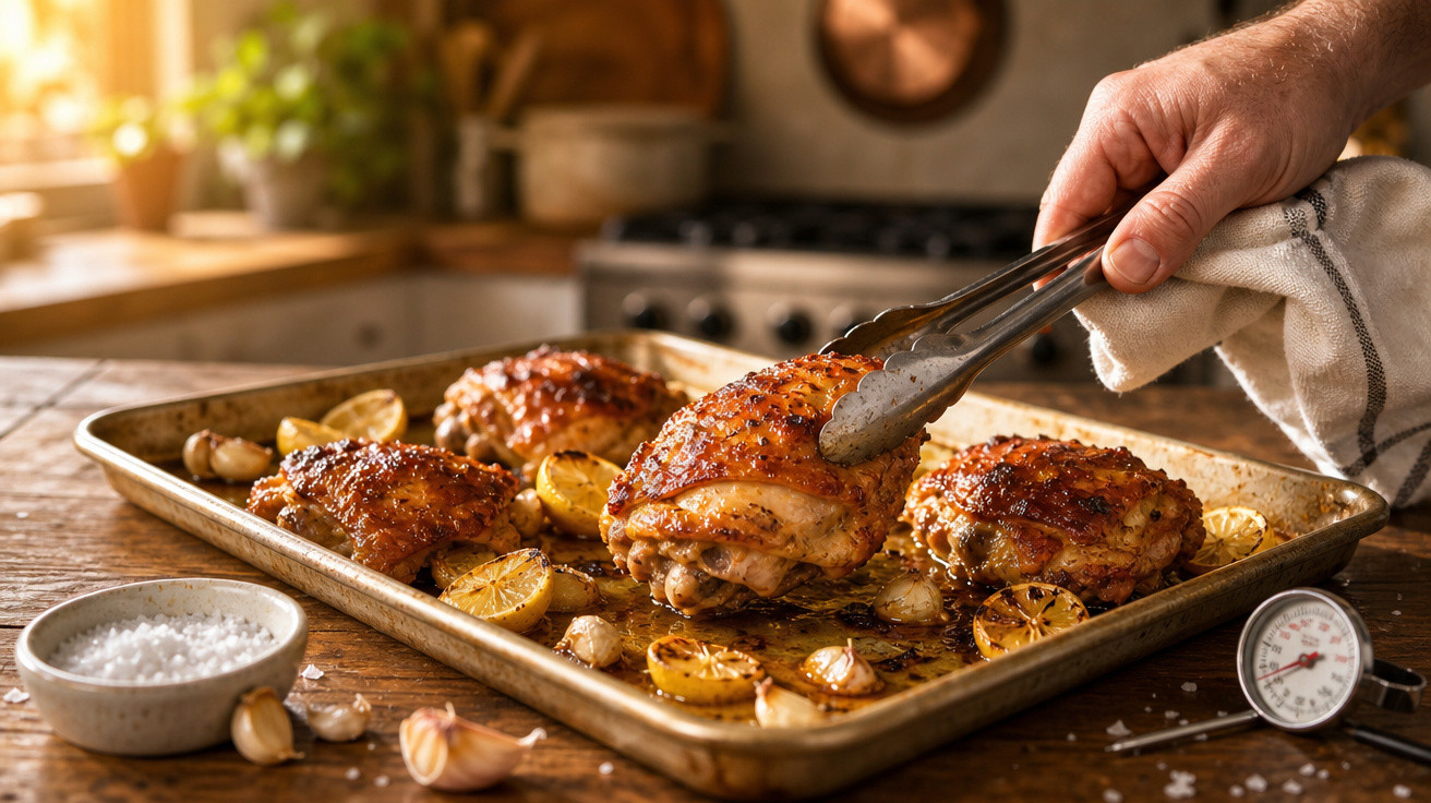 Assado de frango dourado no forno com limão e alho numa tabuleiro, mão a retirar pedaço com pinças.