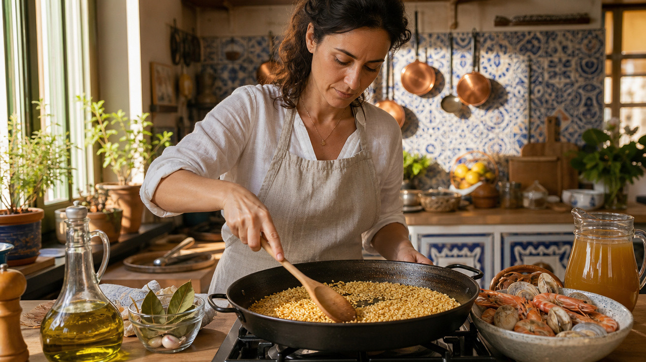 Mulher a cozinhar numa cozinha tradicional, mexendo arroz numa frigideira grande no fogão.