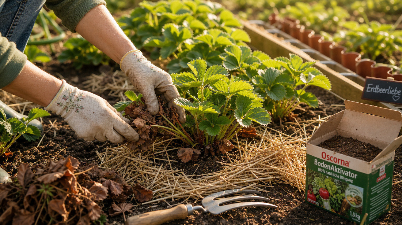 Mãos com luvas a cuidar de plantas num jardim com fertilizante e ancinho ao lado.