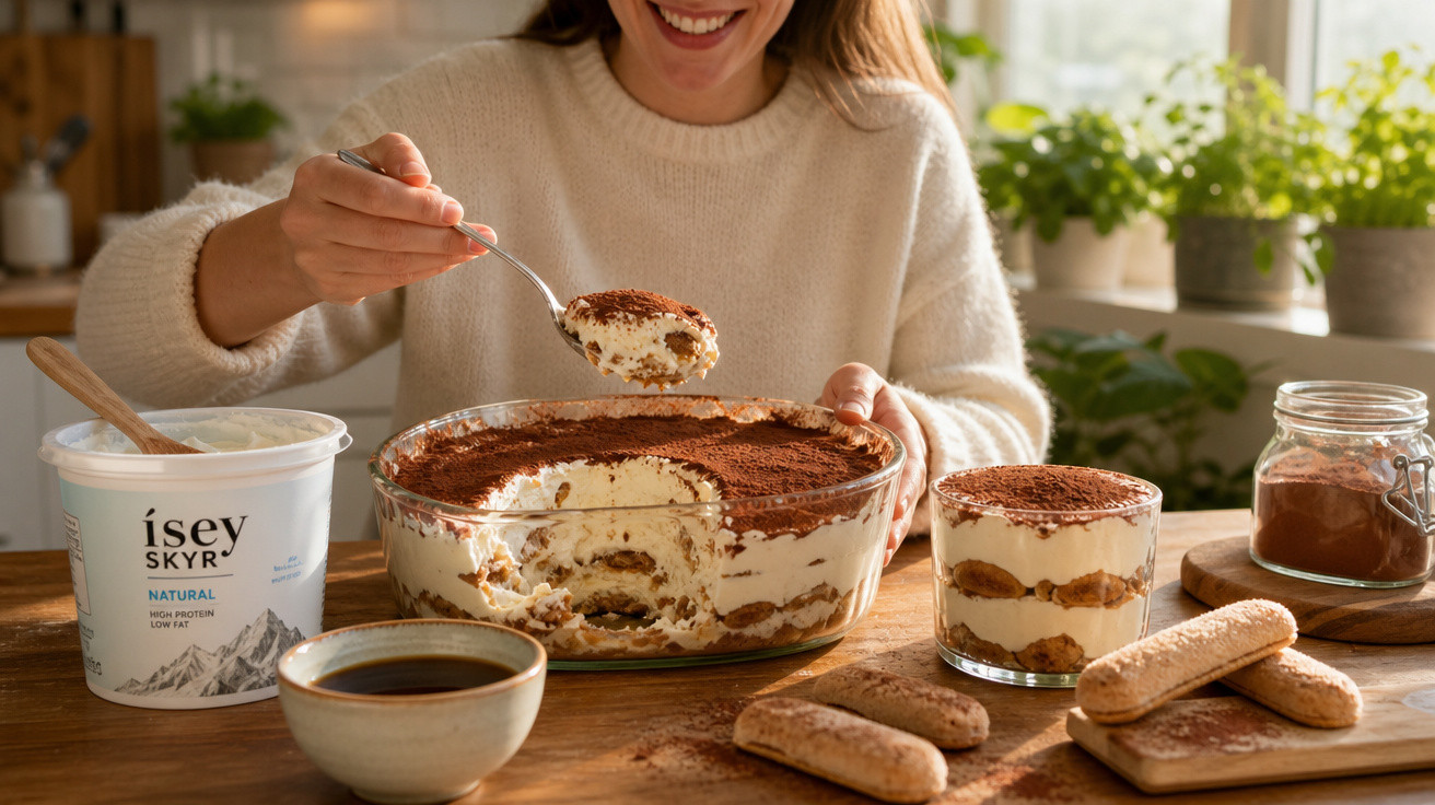 Mulher a servir tiramisù caseiro numa taça grande com café, biscoitos e cacau numa cozinha iluminada.