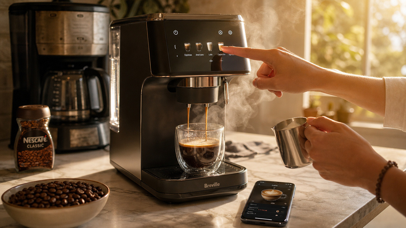 Máquina de café automática a preparar uma chávena de café expresso numa cozinha iluminada.