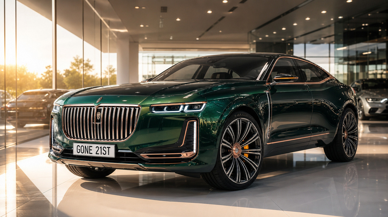 Carro de luxo verde escuro estacionado em salão com jantes grandes e faróis LED modernos.
