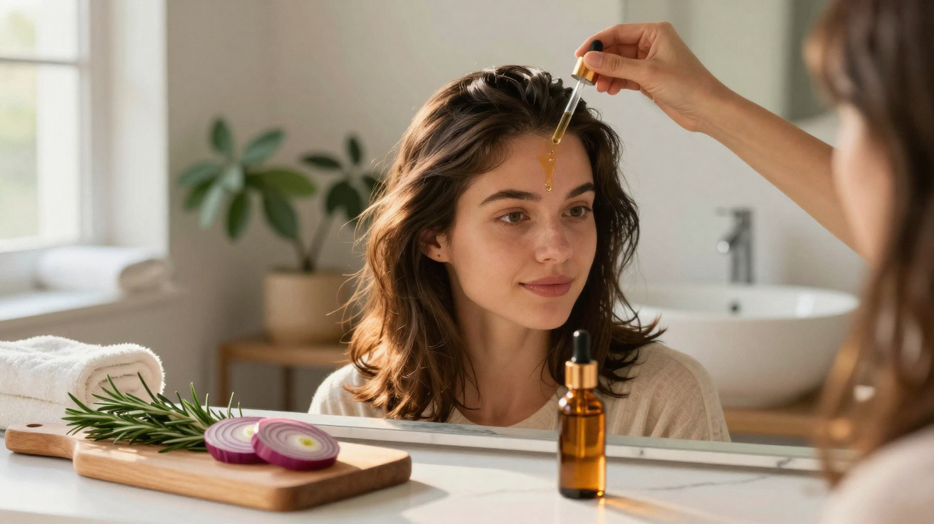 Mulher aplica sérum facial com conta-gotas diante de espelho numa casa de banho luminosa.