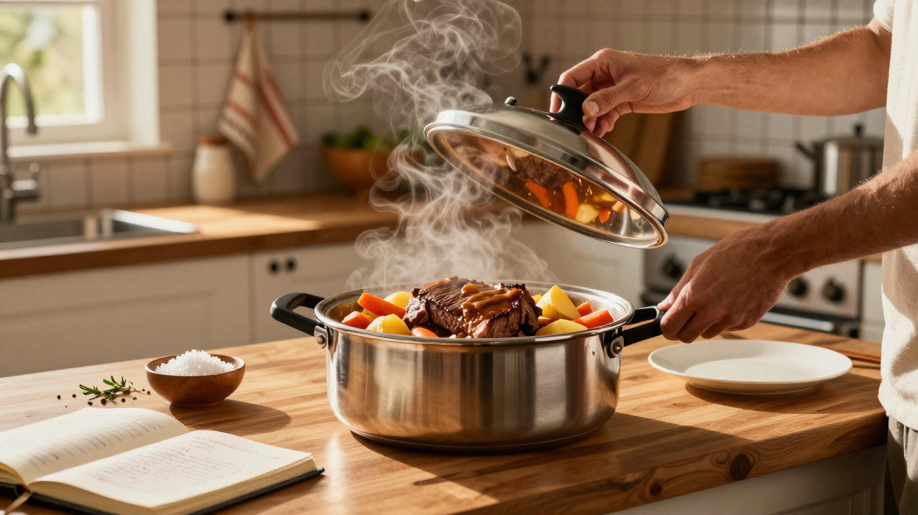 Pessoa a levantar tampa de panela com assado de carne, legumes e batatas na cozinha iluminada.