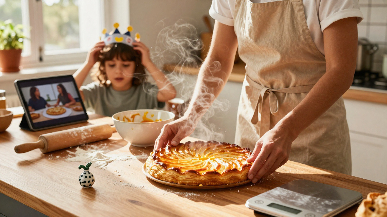 Pessoa a tirar do forno uma tarte dourada fumegante numa cozinha enquanto criança com coroa observa.