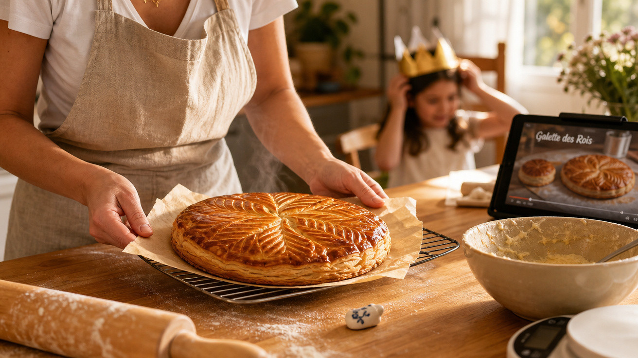 Pessoa a retirar do forno galette des rois numa cozinha com criança a usar coroa ao fundo.
