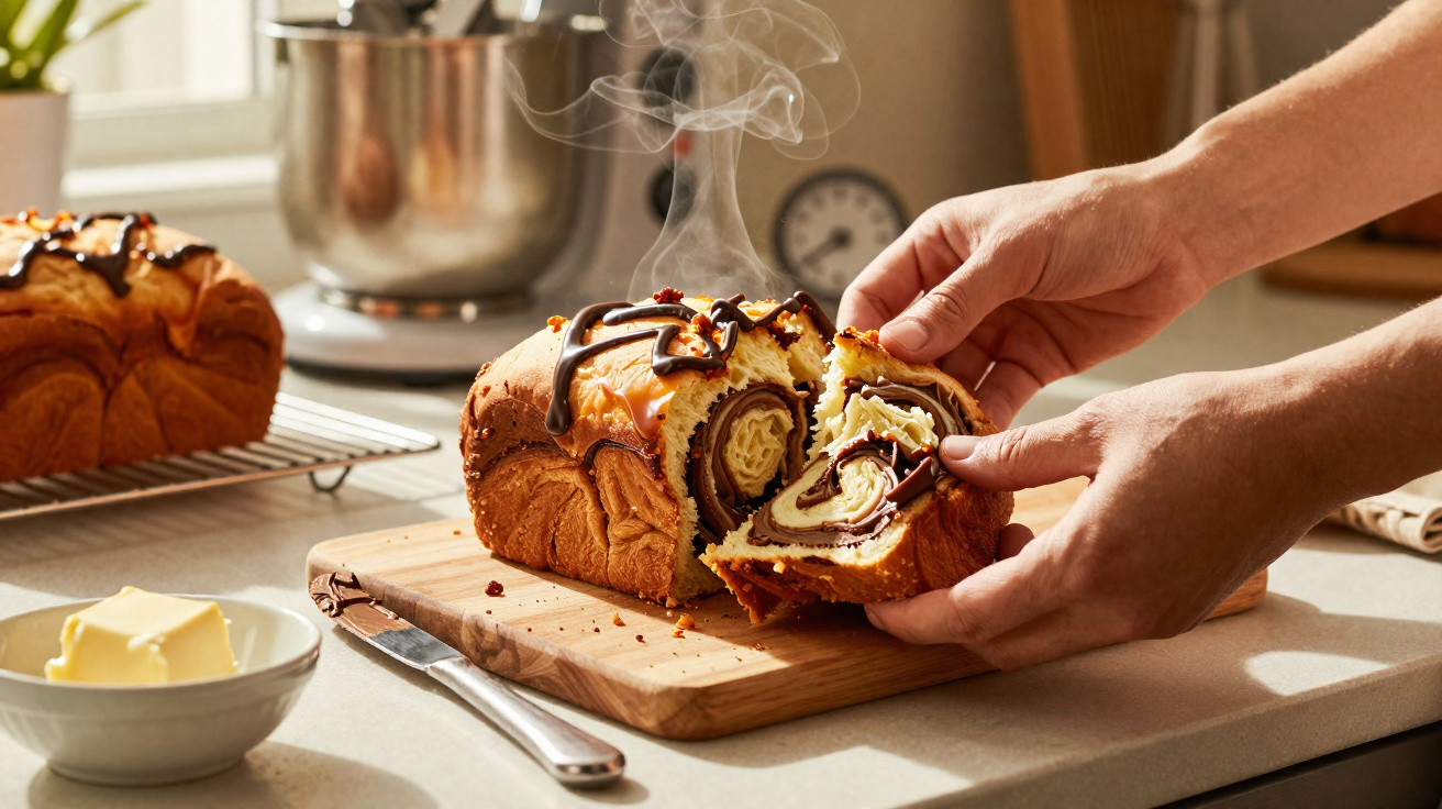 Pão de chocolate quente com chocolate derretido a ser partido em bancada de cozinha.