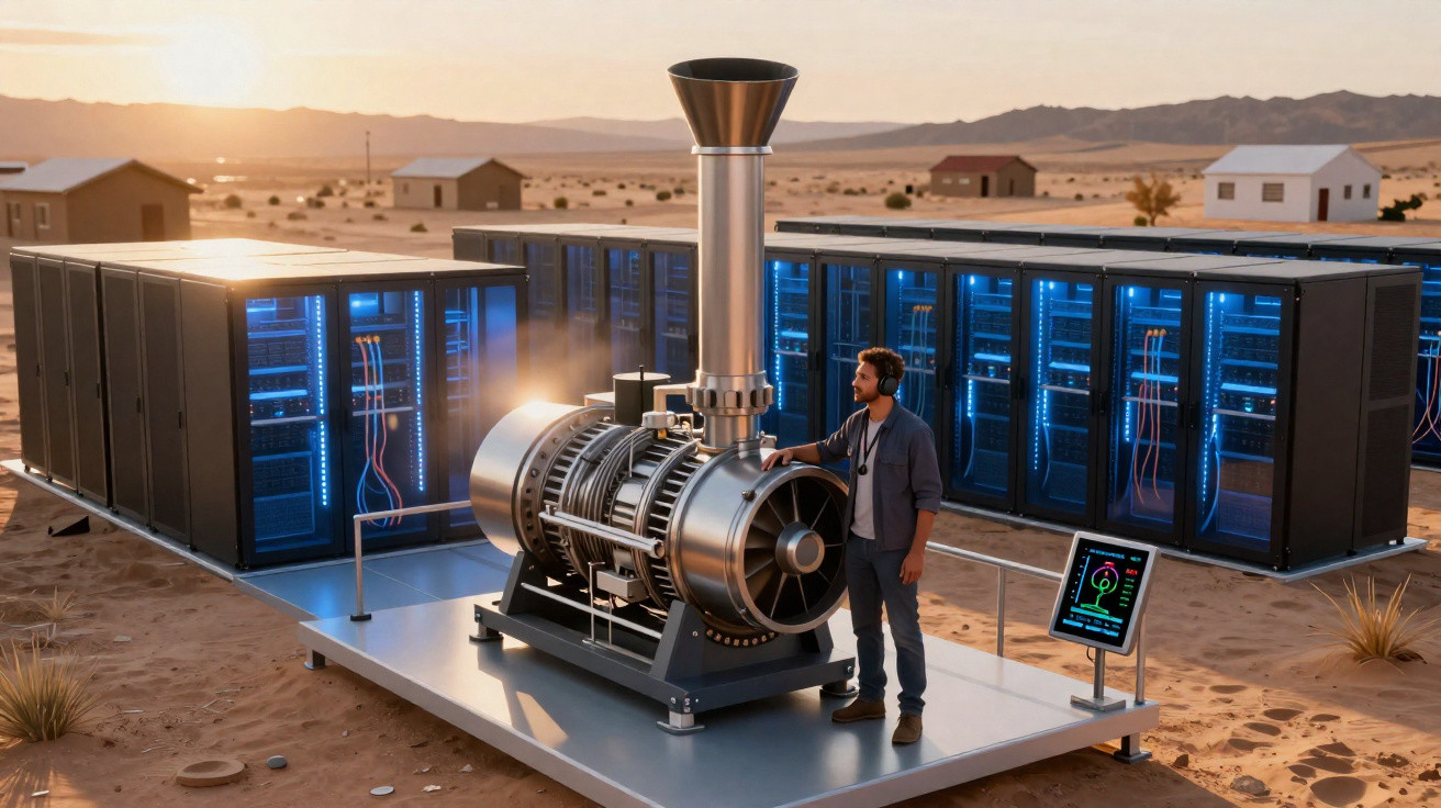 Homem com auscultadores opera turbina ligada a servidores de dados num deserto ao pôr do sol.