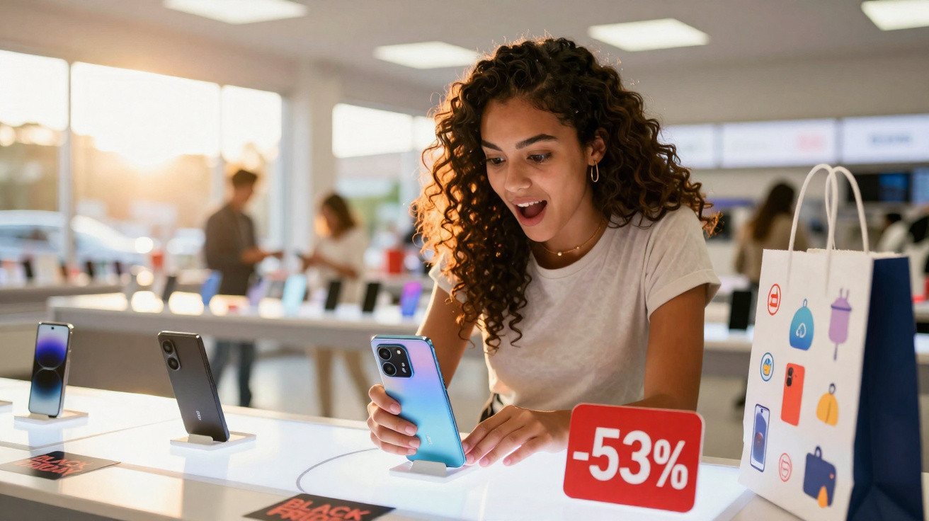 Mulher sorridente segurando telemóvel numa loja com desconto de 53% em destaque.