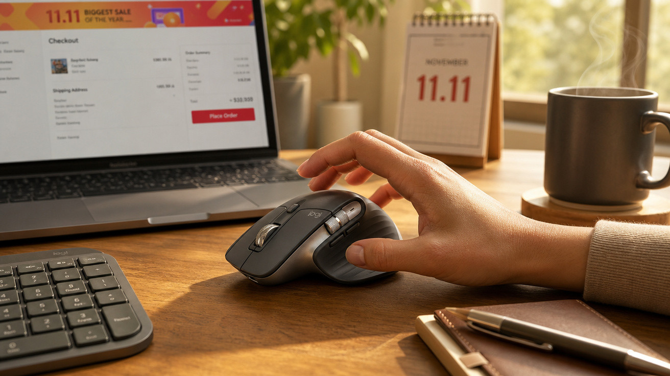 Mão usando rato num escritório em casa com computador aberto em ecrã de compra online e calendário a 11.11.